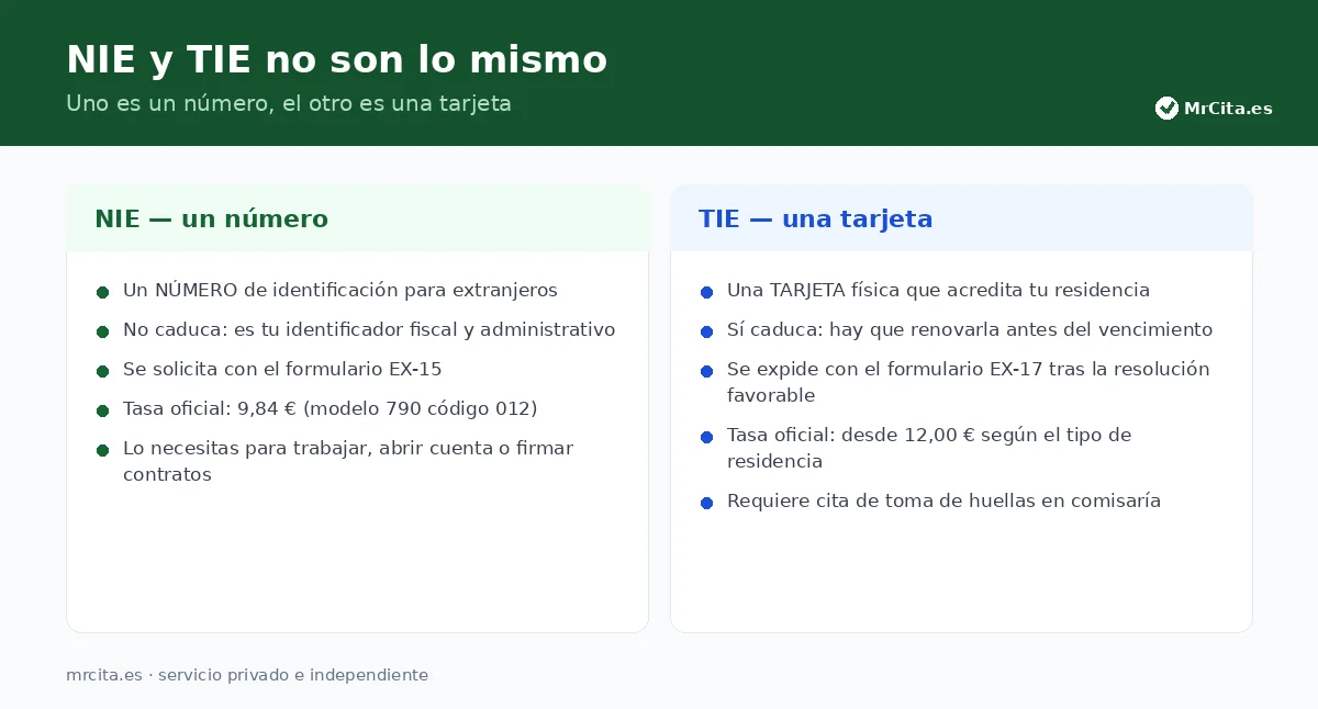 El NIE es un número; el TIE es la tarjeta física de residencia.