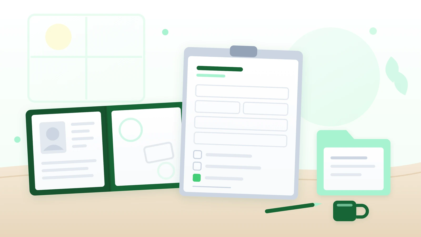 Escritorio con un pasaporte abierto, un impreso en blanco y una carpeta verde menta